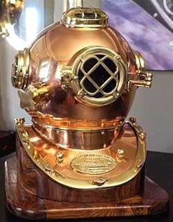 Nautical Replica Hub Réplica de Casco de Buceo de Cobre y latón con Base de Madera, Color Azul Marino