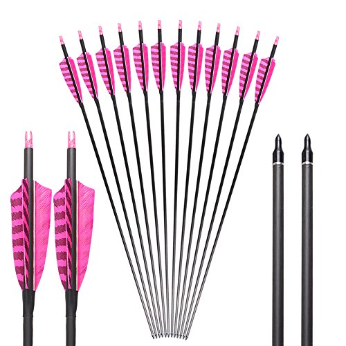 Huntingdoor 12er 31" Flèches de Chasse pour tir à l'arc Flèches en Carbone avec Plumes Naturelles Spine 400 Flèches cibles pour Adultes Arc Classique Arc Traditionnel… (Plume Rose-Noir) Cover