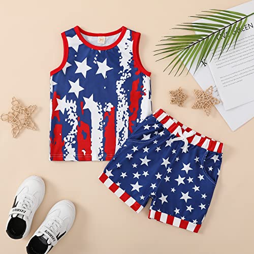 Image of Noubeau 4th of July Toddler Boys Outfits American Flag Tank Tops Patriotic T-Shirts Tees Star Pocket Drawstring Shorts