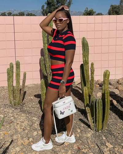 Image of HBQ Women's Casual 2 Piece Skirt Sets Polo Collar Crop Top Striped Mini Dress Summer Vacation-Stripe