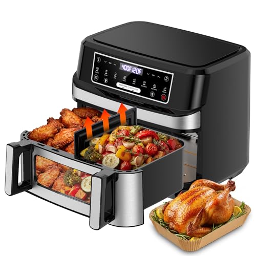Emphsism 1600W Dual Zone Air Fryer Oven,12.69QT with Divider,Nonstick & Dishwasher-Safe Basket,Match Cook & Smart Finish to Roast,Recipes for Easy Cooking,Digital Touchscreen,Metal Sliver