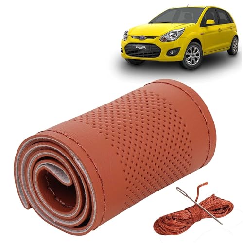 Image of KINGSWAY PU Leatherite Car Steering Cover Sewable Compatible with Ford Fi-N-Go (Year 2008-2014), Tan Color with Tan Thread, Pack of 1 with Sewing Needle and Thread
