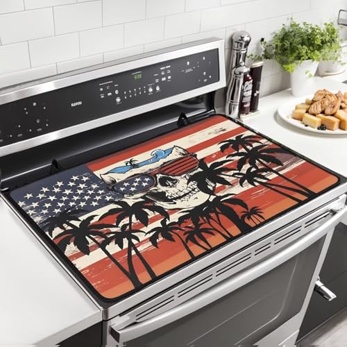 Image of Skull Palm Tree Fireproof Stove Top Covers for Electric Stove, Waterproof & Heat Resistant Mat for Glass Top, Induction Cooktop Protector Home Kitchen Decor