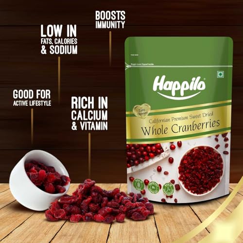 Image of Happilo Premium Californian Whole Cranberries Dried & Sweet Pouch 200 g (Pack of 2) | All Natural Dried Cranberries | Add them in Desserts or Breakfast | Healthy Dried Fruits