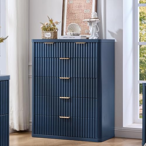 Image of LEYAOYAO Fluted 6 Drawers Dresser for Bedroom Set of 2, 42 inch Tall Modern Chest of Drawer with Metal Handle, Curved Profile Design,Wood Drawer Organizer for Bedroom, Living Room, Hallway,Blue