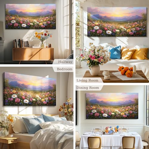 crmotu Landscape Wall Art, Oversized Wall Art, Floral Wall Decor, Mountain Flower Sunset Oil Paintings, Vibrant Scenic Pictures Wall Decor Living Room Bedroom Hallway Farmhouse Canvas Prints 30x60inch