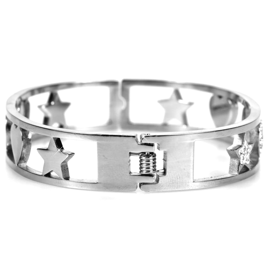Flowers Bracciale Rigido a Manetta Interamente in Acciaio e zirconcini con Lettera Iniziale Nome e cuori Colorazioni Oro e Argento