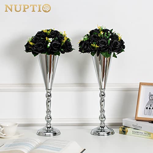 Image of NUPTIO Black Roses Artificial Flowers Pcs of 10 Fake Flower Bouquet Black Hydrangea Flowers Artificial, 15 Heads Fake Roses with Base, Real Looking Black Artificial Flowers (Black)