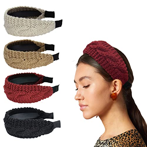 LIHELEI Wide Headband for Women, Thick Knitted Headband Fashion Head Wrap in Solid Color Non-slip for Daily Festival Gift-4PCS Black/Red/Maroon/White