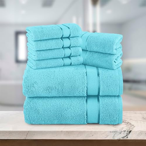 Image of Elegant Comfort Premium Cotton 8-Piece Towel Set, Includes 4 Washcloths, 2 Hand Towels and 2 Bath Towels, 100% Turkish Cotton - Highly Absorbent and Super Soft Towels for Bathroom, Aqua