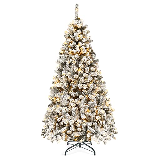 Goplus 6ft Pre-Lit Artificial Christmas Tree, Premium PVC Snow Flocked Hinged Pine Tree with Metal Stand and LED Lights, Perfect Xmas Decoration for Indoor and Outdoor