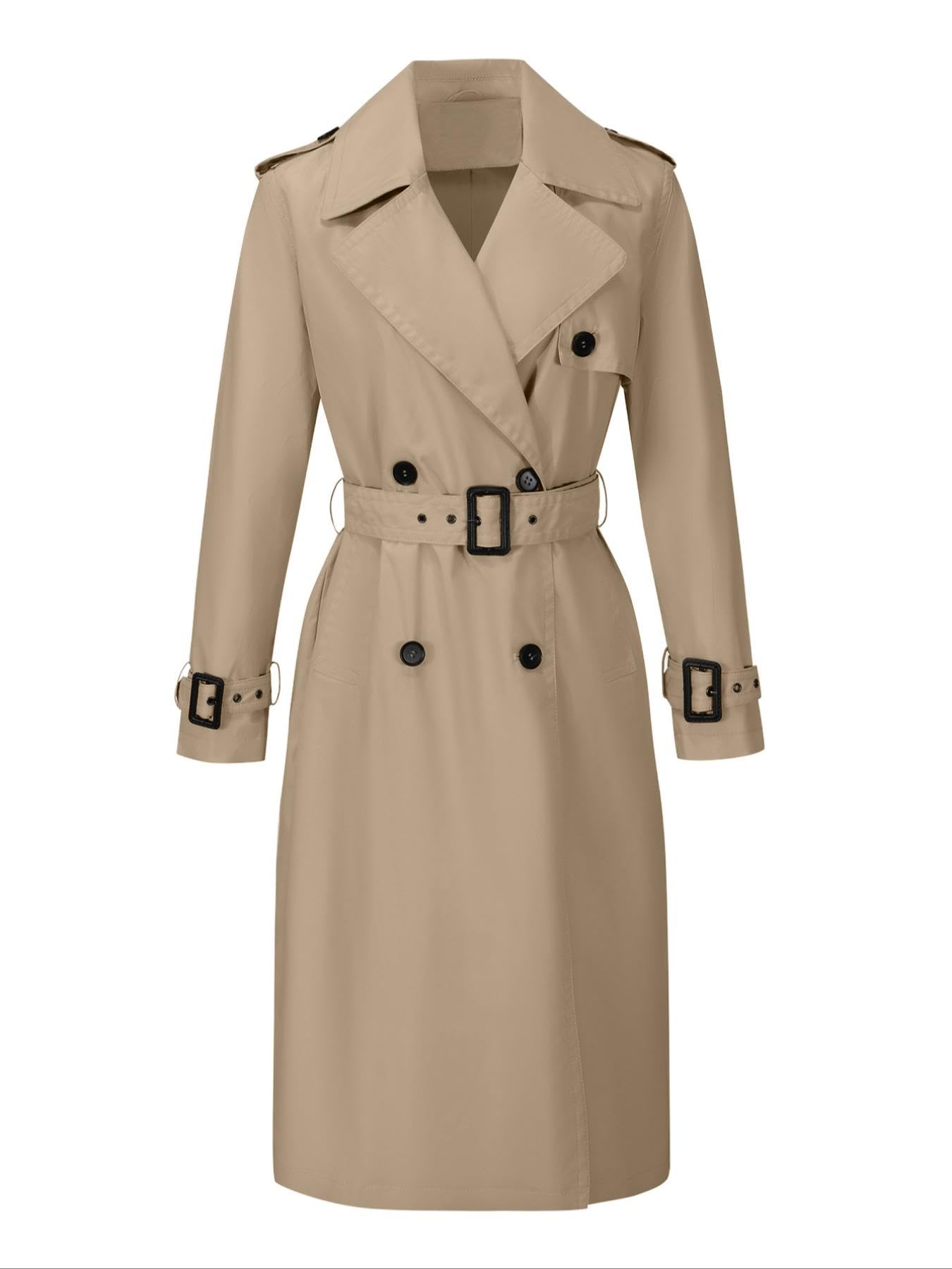 Womens Trench Coat Long Double-Breasted Belted Lapel Overcoat Lightweight Casual Windproof Spring Fall Jacket