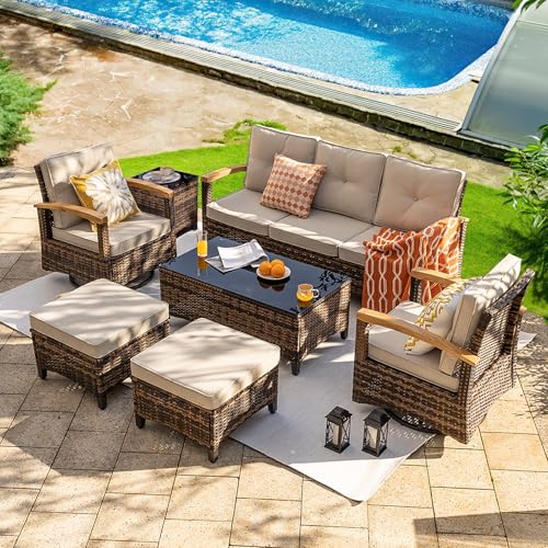 MEISSALIVVE 7 Pieces Patio Furniture Sets,PE Wicker Outdoor Furniture Conversation Sets with 2 Wood Armrests Swivel Rocker Chairs, 2 Ottoman, 3-seat Sofa and Coffee Table(Brown)