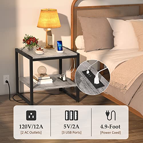 Homieasy End Table With Charging Station, 20 Inch Square Side Table With Usb Ports & Power Outlets, Grey Nightstand With 2-Tier Storage Shelf, Mini Fridge Stand For Small Spaces, Light Oak #TOP3