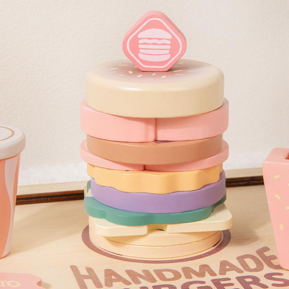 Set di Gioco di Finzione di Fast Food in Legno, Giocattolo Cibo Hamburger Patatine Bevanda