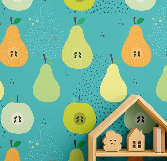 Papel pintado de frutas infantil para decorar el dormitorio con vinilo verde