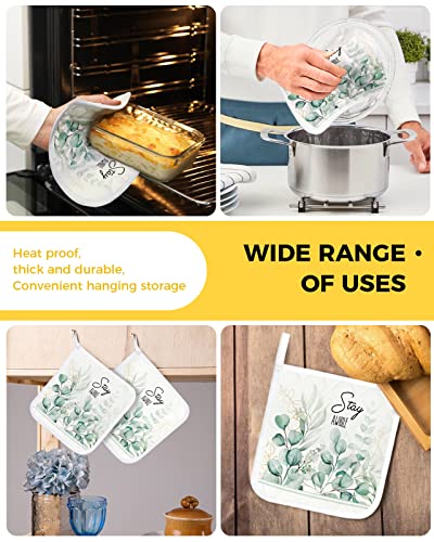 Fall Eucalyptus Leaves On White Kitchen Potholder Heat-Proof Pot Holders Watercolor Green Gold Foliage Washable Potholders Hot Pad For Cooking Baking Bbq,Set Of 2 #TOP4