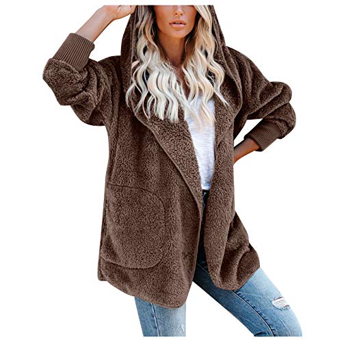 WooCo Womens Plus Size Hooded Cardigan Fuzzy Jackets Winter Warm Open Front Fleece Coats Outwear with Pockets Coffee