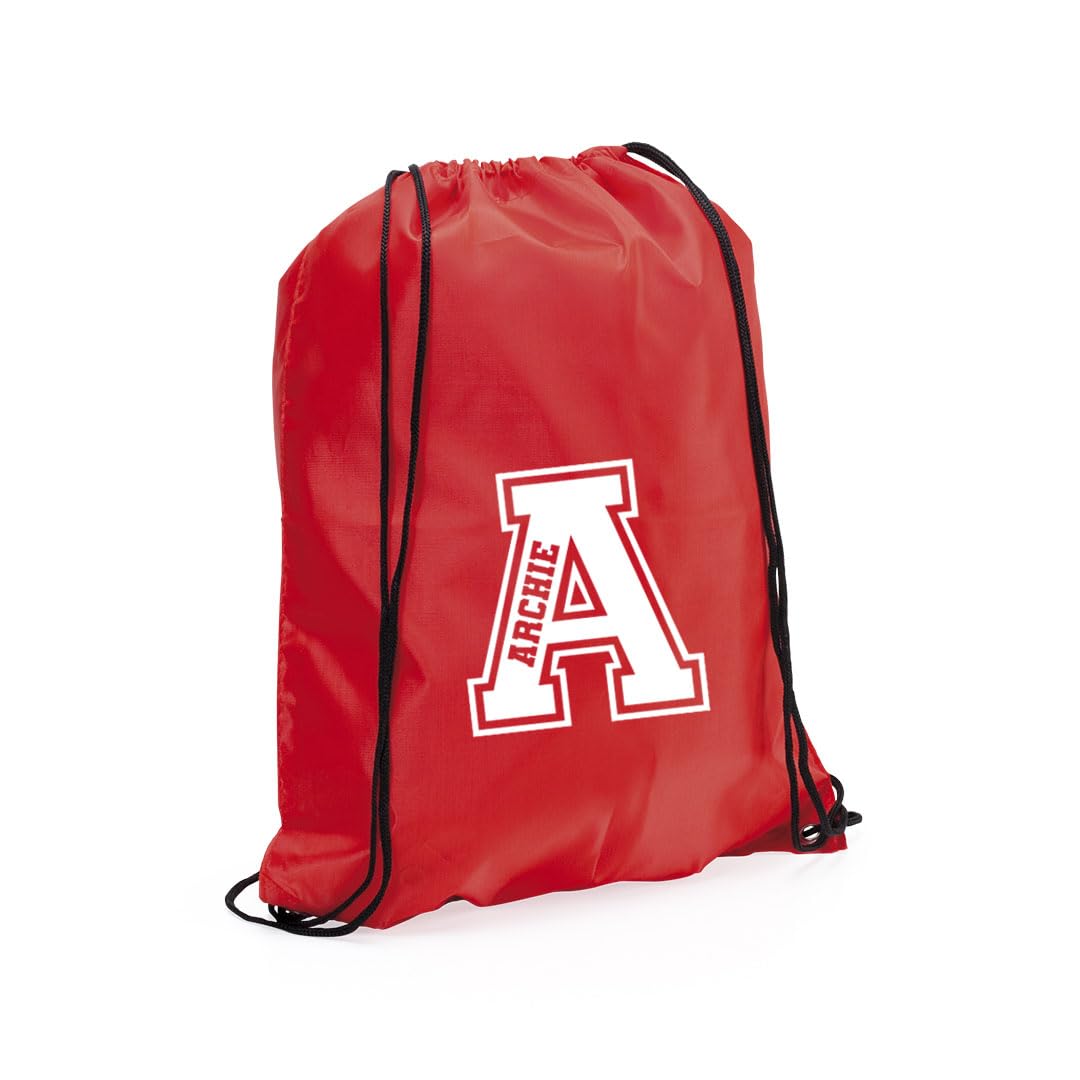 eBuyGB Personalised Monogrammed Drawstring Bag, Initial & Name Kids Backpack, Gym Rucksack, School Sport Bag, Children's PE Kit (Red)