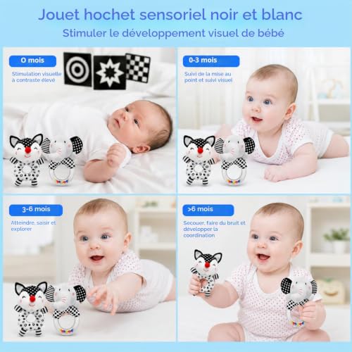 JoyLife Jouets D'éveil Bebe 0 3 6 12 Mois, Noirs et blancs Jouet de Peluche Hochets Haltère Cadeau pour Bebe Garçon Fille, Voyage Douce Jouets en Peluche avec des sons (Lot B) – vue 2