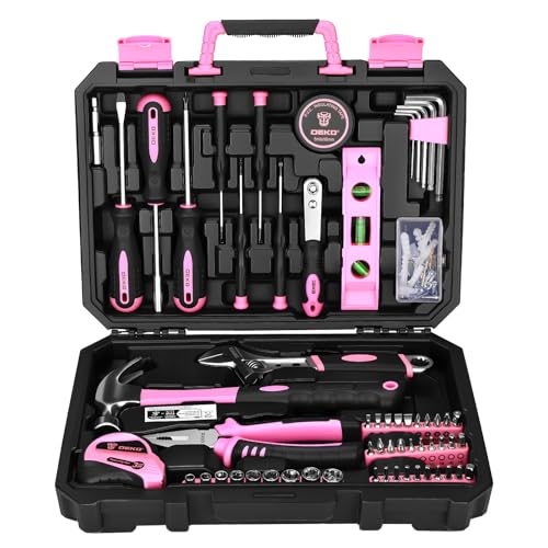DEKO 100 Piece Pink Tool Kit Complete Home Tool Set with Claw Hammer Adjustable Wrench Combination Pliers Screwdriver Set Tape Measure - Basic Household Repair Toolbox for DIY Projects