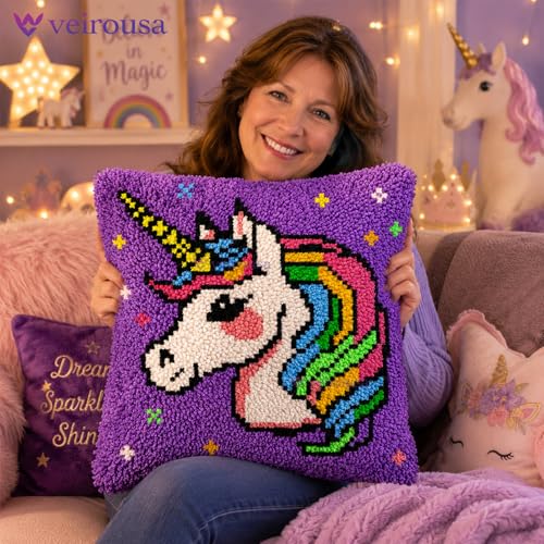 Image of Unicorn Princess Latch Hook Kits for Adults Kids, Beginners DIY Throw Pillow Kit Pre-printed Pillowcase Hook and Latch Rug Kits Cross-stitch Cushion Cover for Home Sofa Decor Gift Idea 17x17 inch