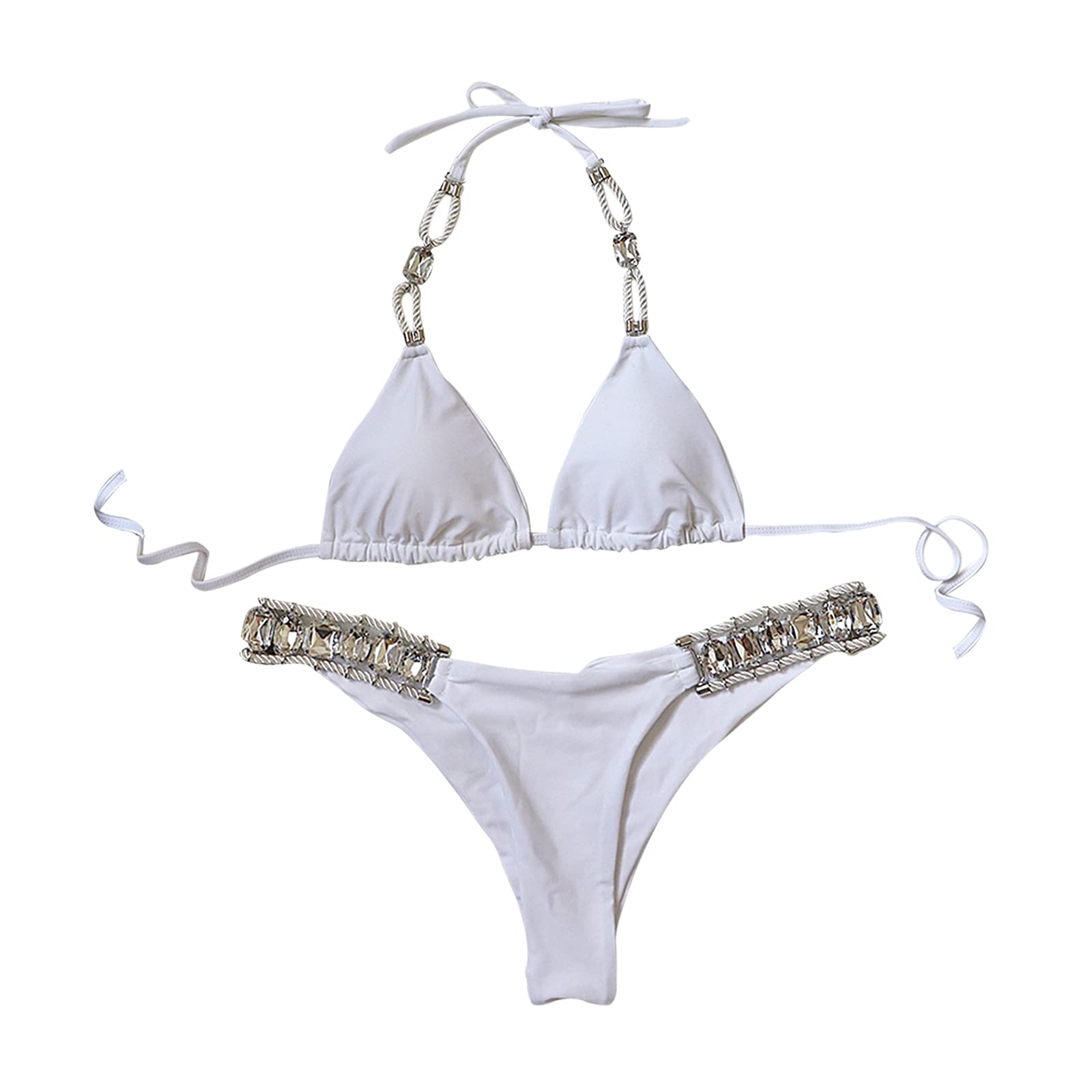 Women Rhinestone Swimsuit Bra Set Bathing Suit Swimwear White S | Swimwear|1 Set Set-image-17