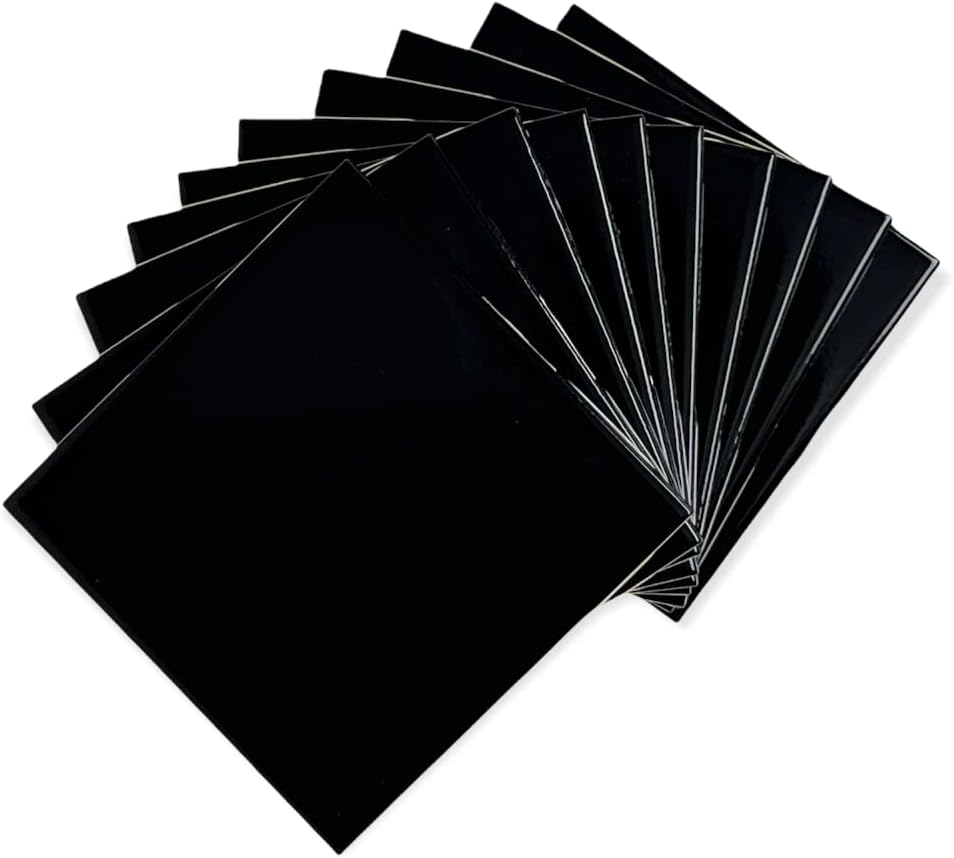 4 in Ceramic Tile Gloss 4 1/4" Box of 10 Pieces for Bathroom Wall and Kitchen Backsplash by Tenedos – Glossy Finish, Classic Look (Black)
