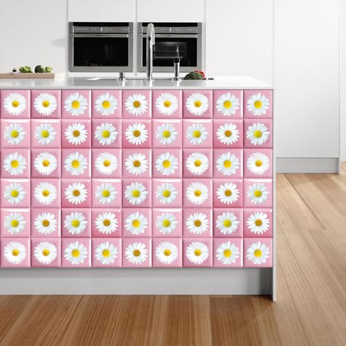 Baldosas Adhesivas Margaritas Rosas Amarillas Suelo Vinilo Autoadhesivo Vinilo Impermeables Panel Revestimiento Ducha para Baño Cocina Gabinete Muebles Decoración Azulejos Adhesivos 30x30cm /10 Piezas