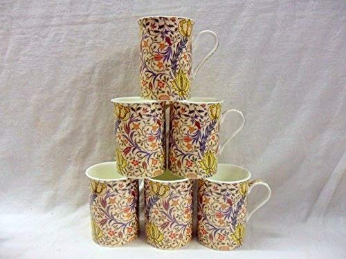 Heron Cross Pottery "Abbeydale Collection" Floral Set Of 6 China Mugs In William Morris Flora Design