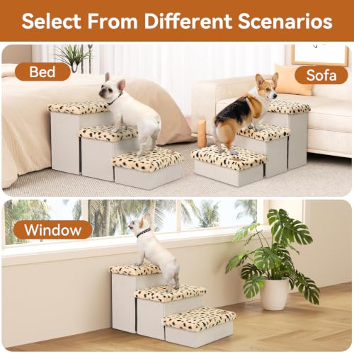 Image of Zerbuger Dog Stairs for High Beds, Folding Pet Stairs Gift for Dogs Puppy with Storage for Bed Couch, Cat Dog Ramp Hold Up to 200 lbs (Beige Leopard, 3 Steps No Condo(31 inch D x 17 inch W x 17.7 inch H))