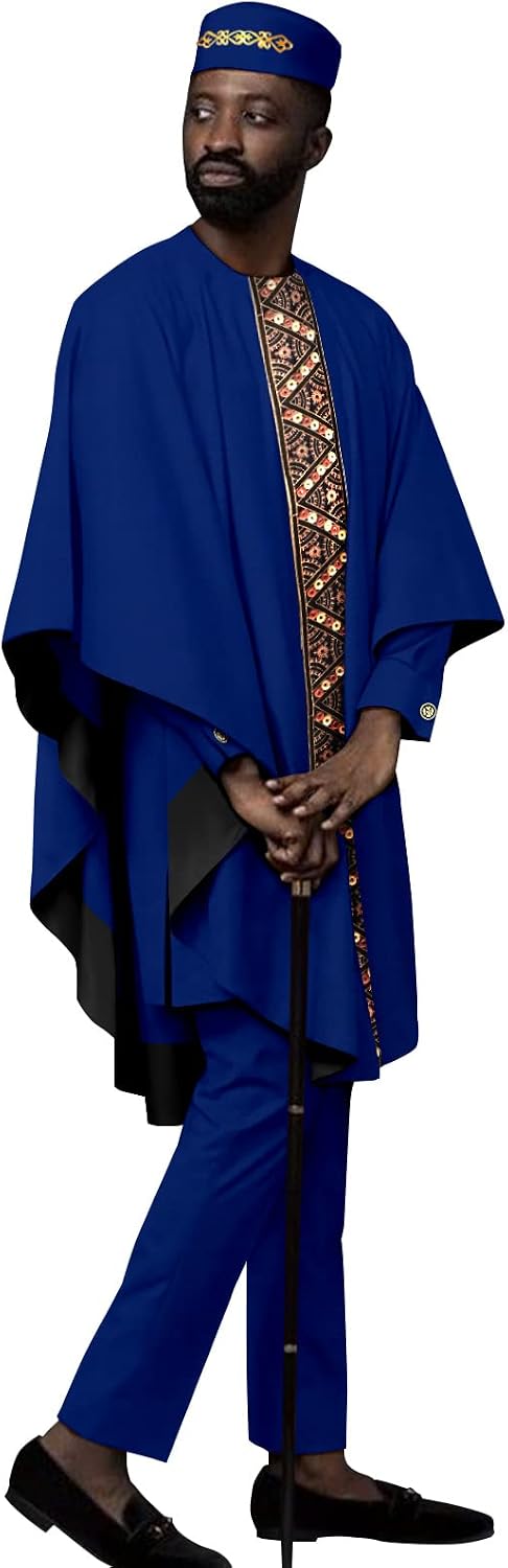 African Clothes for Men Embroidery Agbada Dashiki Shirts Pants and Hats 4 Piece Set Tribal Outfits for Wedding