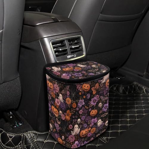 Image of Talayituse Ghost Pumpkin Skull Flower Print Car Trash Can with Lid, Leak Proof Auto Trash Bag Hanging Vehicle Garbage Can Multipurpose Storage Container for Back Seat Road Trip Halloween Decor