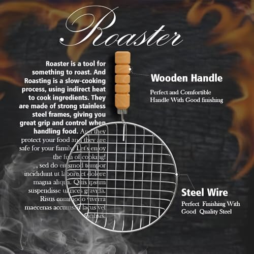 Image of Phulka Grill Roaster for Gas Stove, Grill Tawa Jali for Kitchen Cooking, Roti Basket Pulka Pan Roaster Grill with Wood Handle, Papad Jali, Jali Brinjal Roaster (Heavy Steel Wire)
