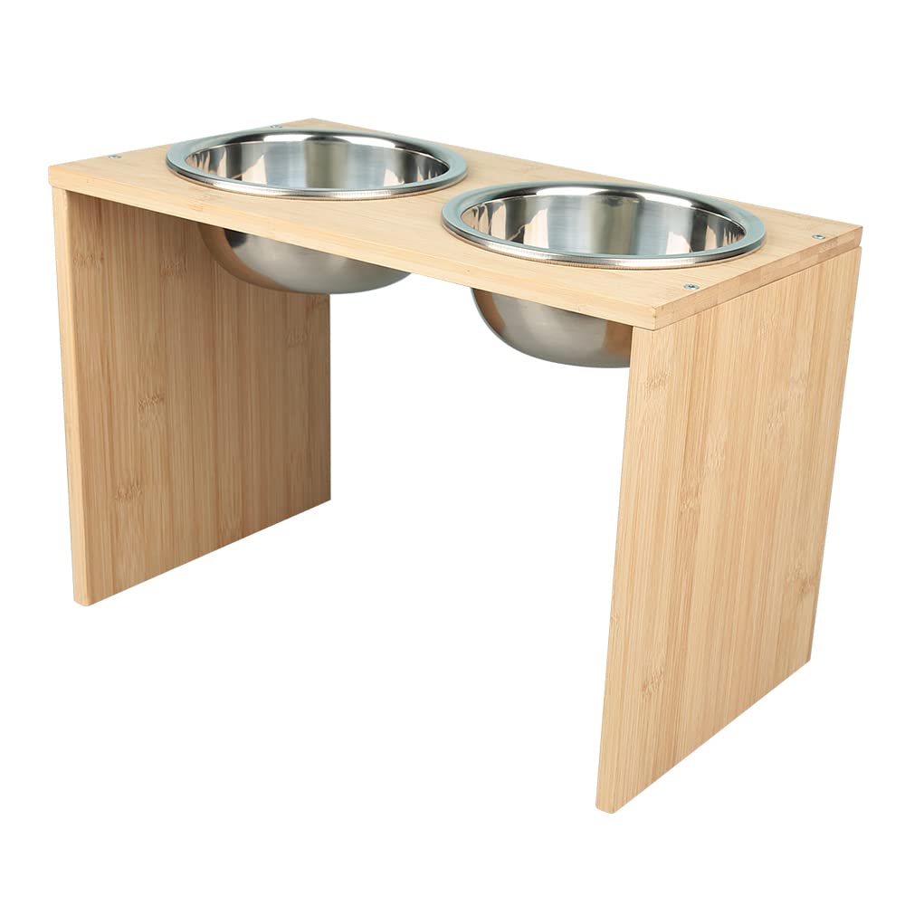 Gamelles surélevées - pour Chiens et Chats - Supports surélevés en Bambou avec 2 gamelles d'eau et de Nourriture en Acier Inoxydable - avec Pieds antidérapants (Deux Bols (Bois Naturel))