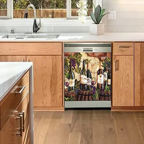 Grape And Wine Magnet Cover For Dishwasher Door,Vintage Wine Magnetic Refrigerator Cover Sticker,Wine Bottle And Wine Glass Dishwasher Wraps,Vintage Wine Kitchen Cabinet Decor,Gifts For Mom #TOP1