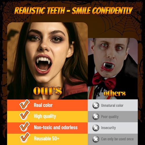 Vampire Teeth Fangs for Adults – 4 Pairs Halloween Vampire Fangs for Cosplay with Adhesive, Costume Makeup Accessories for Men & Women Halloween Party3