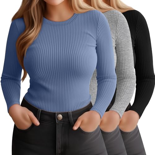 3 Pack Plus Size Thermal Shirts for Women Long Sleeve Ribbed Knit Underwear Tops Base Layer Tee