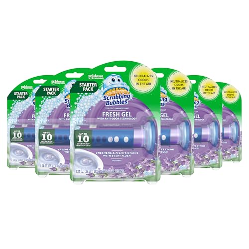 Image of Scrubbing Bubbles Fresh Gel Toilet Bowl Cleaning Stamps, Helps Keep Toilet Clean and Helps Prevent Limescale & Rings, Lavender Scent, 1 Dispenser with 6 Fresh Gel Stamps (6 Pack)