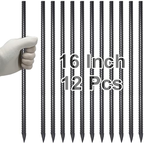 VVOKGO Rebar Stakes 16 Inches Rebar Stakes (12pcs) Ground Anchors Steel Plant Support Garden Stake Metal Straight Camping Spikes with Chisel Point End, Black