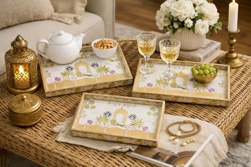 Image of Wooden Enamel Coated Serving Tray Set of 3 for Home Decor Multipurpose Rectangular Trays for Kitchen Living Room and Coffee Table with Printed Design (C-2)