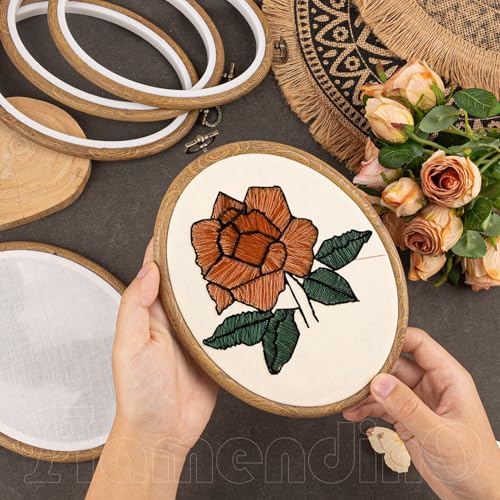 Image of Framendino, 5 Pack Embroidery Hoops 7.5x5.9 Inch Imitated Wood Display Frame Oval Cross Stitch Hoop Ring for Hanging Ornaments
