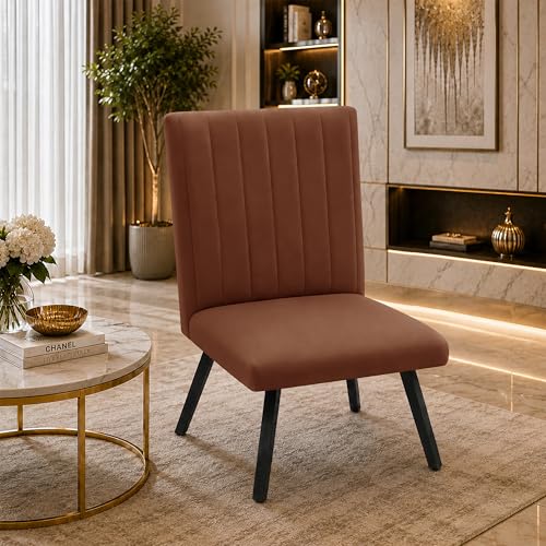 Image of Modern Velvet Accent Chair for Living Room | Upholstered Single Seater Chair with Metal Legs | Comfortable Seating for Bedroom, Office & Guest Room - Brown