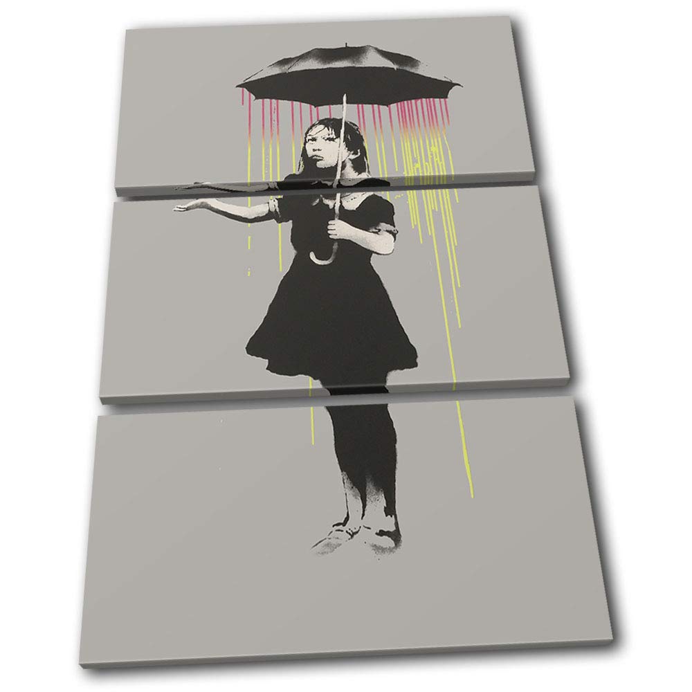 Bold Bloc DesignGirl Umbrella Rain Street Banksy Street 90x60cm TREBLE Canvas Art Print Box Framed Picture Wall Hanging - Hand Made In The UK - Framed And Ready To Hang 13-9298(00B)-TR32-PO-B