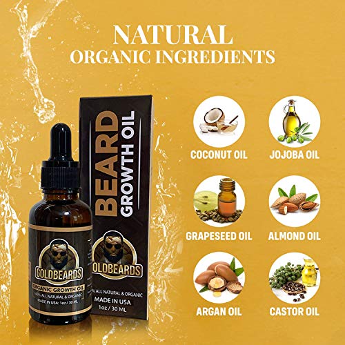 Goldbeards Growth Beard Oil, 100% Pure Natural For Groomed Beards, Mustaches, & Moisturized Skin 1 Oz Infused With Argan, Jojoba, Avocado, Vitamin E, Biotin And Almond Oils #TOP1