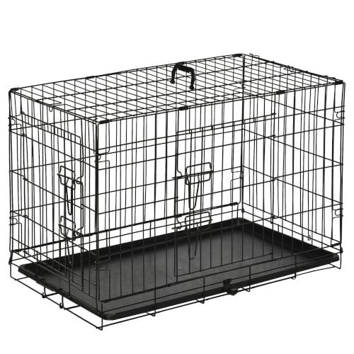 PawHut Hundekäfig Transportkäfig Drahtkäfig mit Gitter Hundebox Transportbox Kleintierkäfig Reisebox zusammenklappbar Metall Schwarz 75 x 48,5 x 53 cm