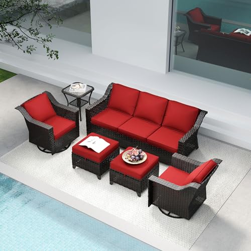 Image of 6 Pieces Patio Conversation Furniture Set - 1 Sofa, 2 Swivel Chairs, 2 Ottomans, 1 Side Table, Outdoor Wicker Furniture with Removable Cushions for Porch, Balcony, Sunroom (Red)