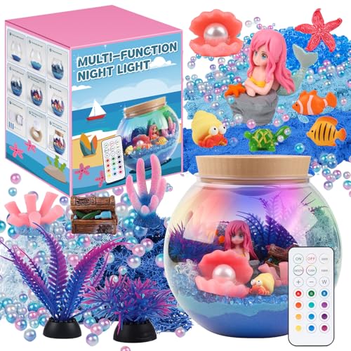 Mileonaim Mermaid Terrarium Kit for Kids - LED Night Light with Remote DIY Arts and Crafts Birthday Gifts Mermaid Gifts for Girls Ages 6-12
