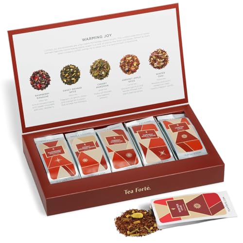 Tea Forte Warming Joy Single Steeps Loose Leaf Premium Tea Gift Set Sampler, 15 Count 3 of Each Assorted Blends, Pre-Portioned Single Serve Pouches, Steeps 12 oz