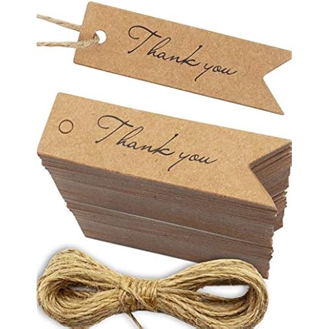 HOMETOOLS.EU® - 100 kraft paper, natural cardboard, gift tags, paper tags, label, cardboard tags, gift, 7 x 2 cm, with 10 m jute string, thank you, natural brown Cover